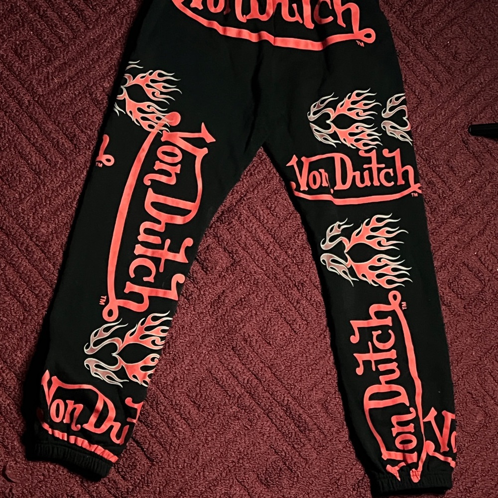 Von Dutch Kids Black Joggers with Red Flame Design